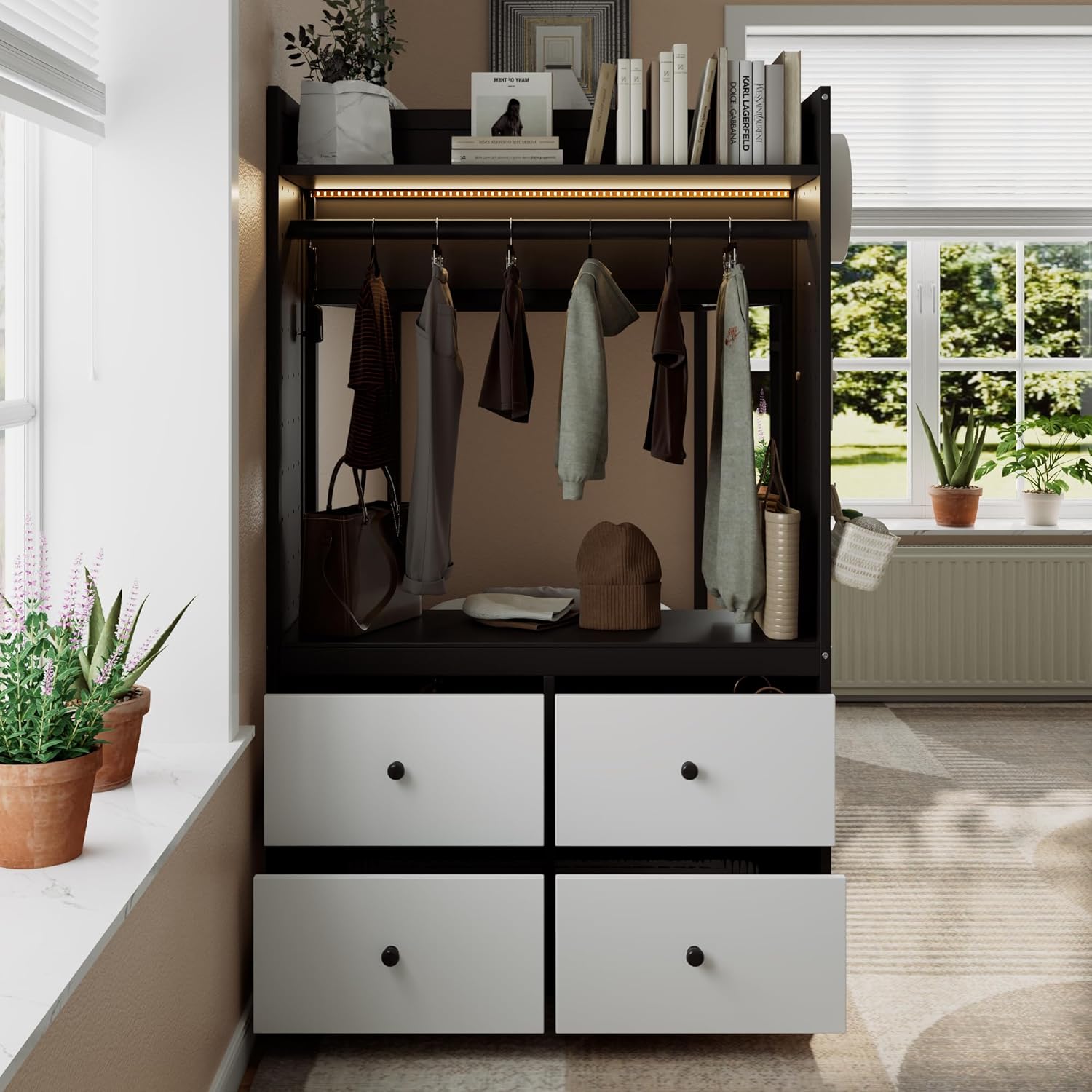 Wardrobe interior with hanging clothes and light strip