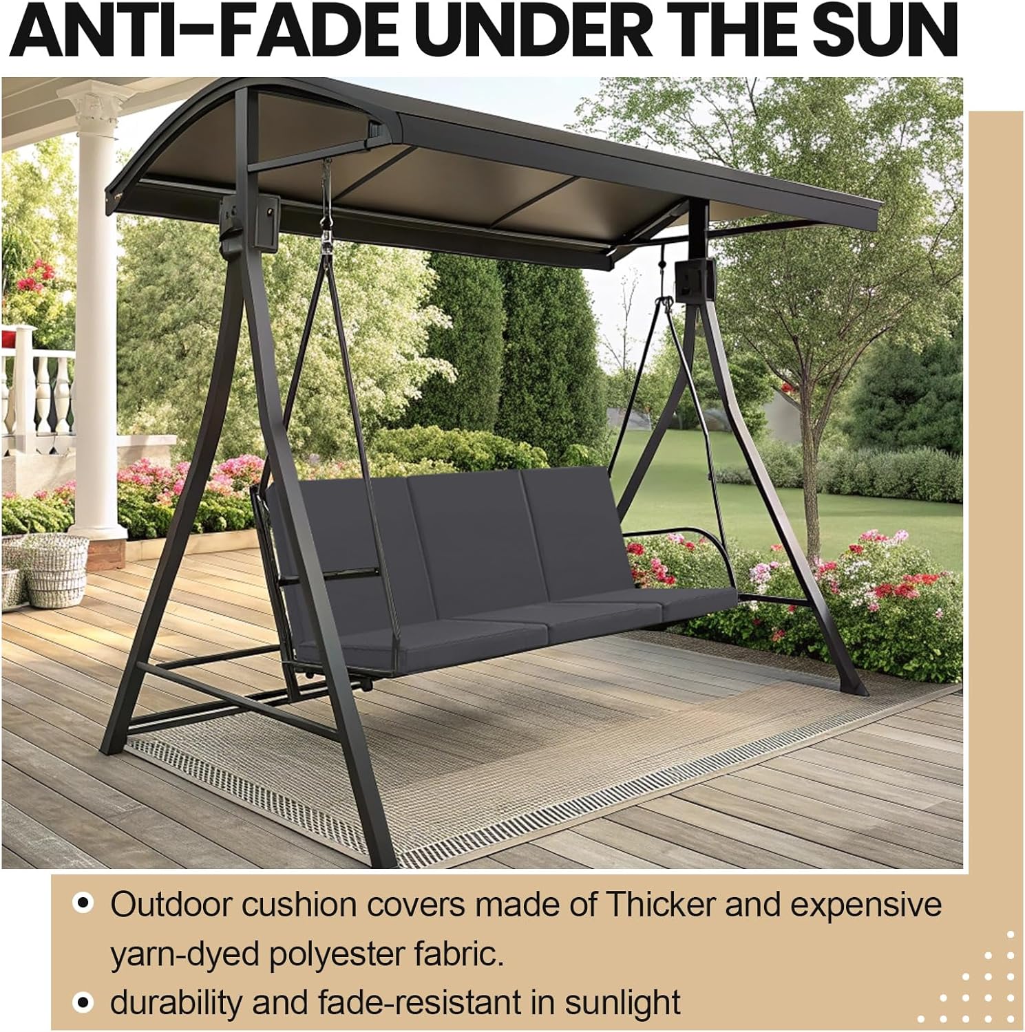 Sintuff 3 Seat Outdoor Porch Swing Cushions, Water-Resistant Swing Cushions Replacement with Anti-Slip Design, Fade-Resistant Porch Bench Cushion Liner and Cover 2 in 1 for Patio Garden(Dark Grey)