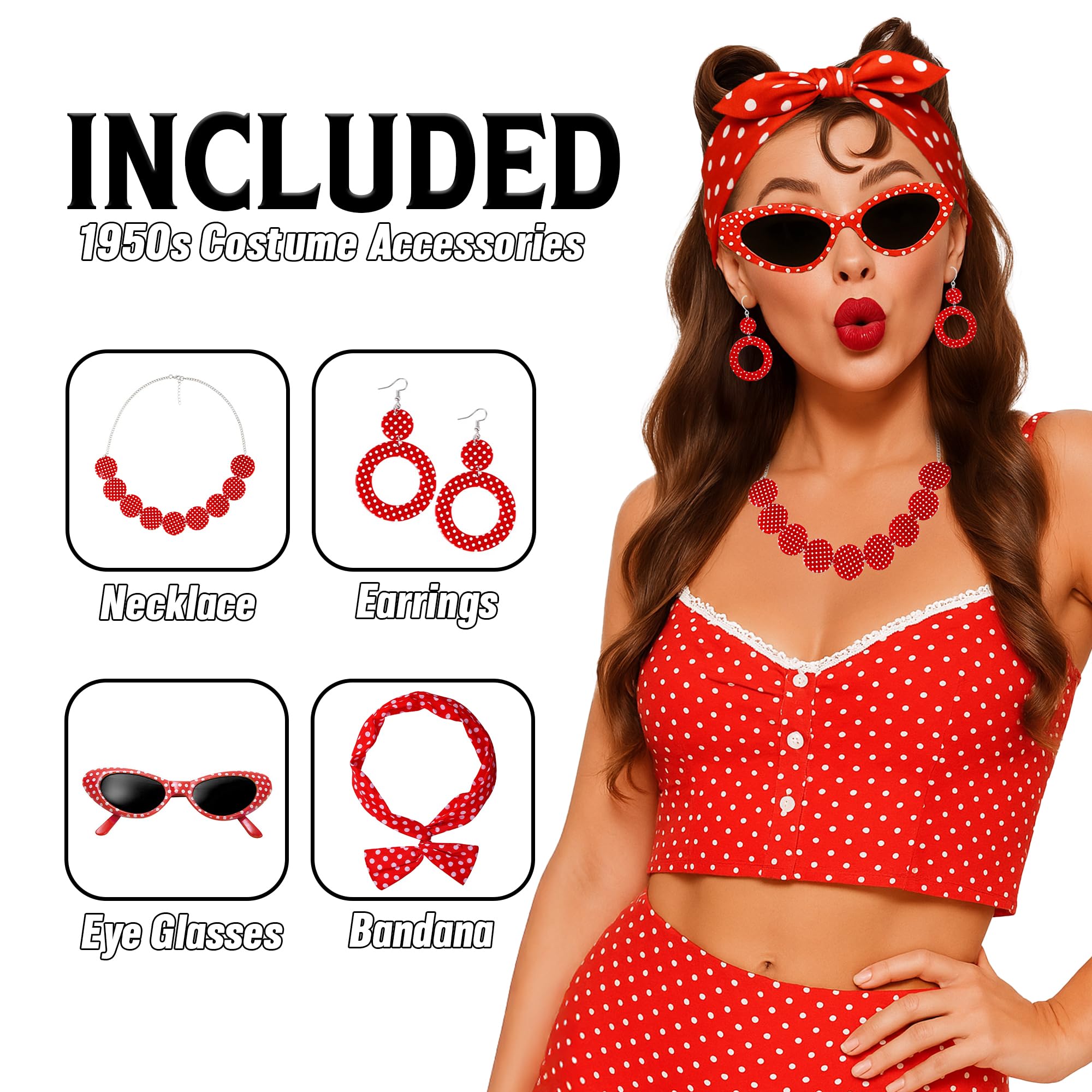 WickedFun Womens 50s Costume Accessories, Ladies Grease 1950s Fancy Dress Kit, Cat Eye Glasses - Image 2