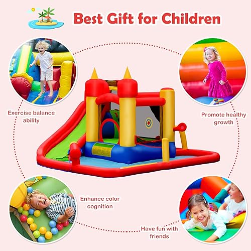 Vista 16 de BOUNTECH Castillo inflable para tobogán acuático, castillo de salto de parque acuático 6 en 1 para niños con 2 piscinas de salpicaduras, anillo