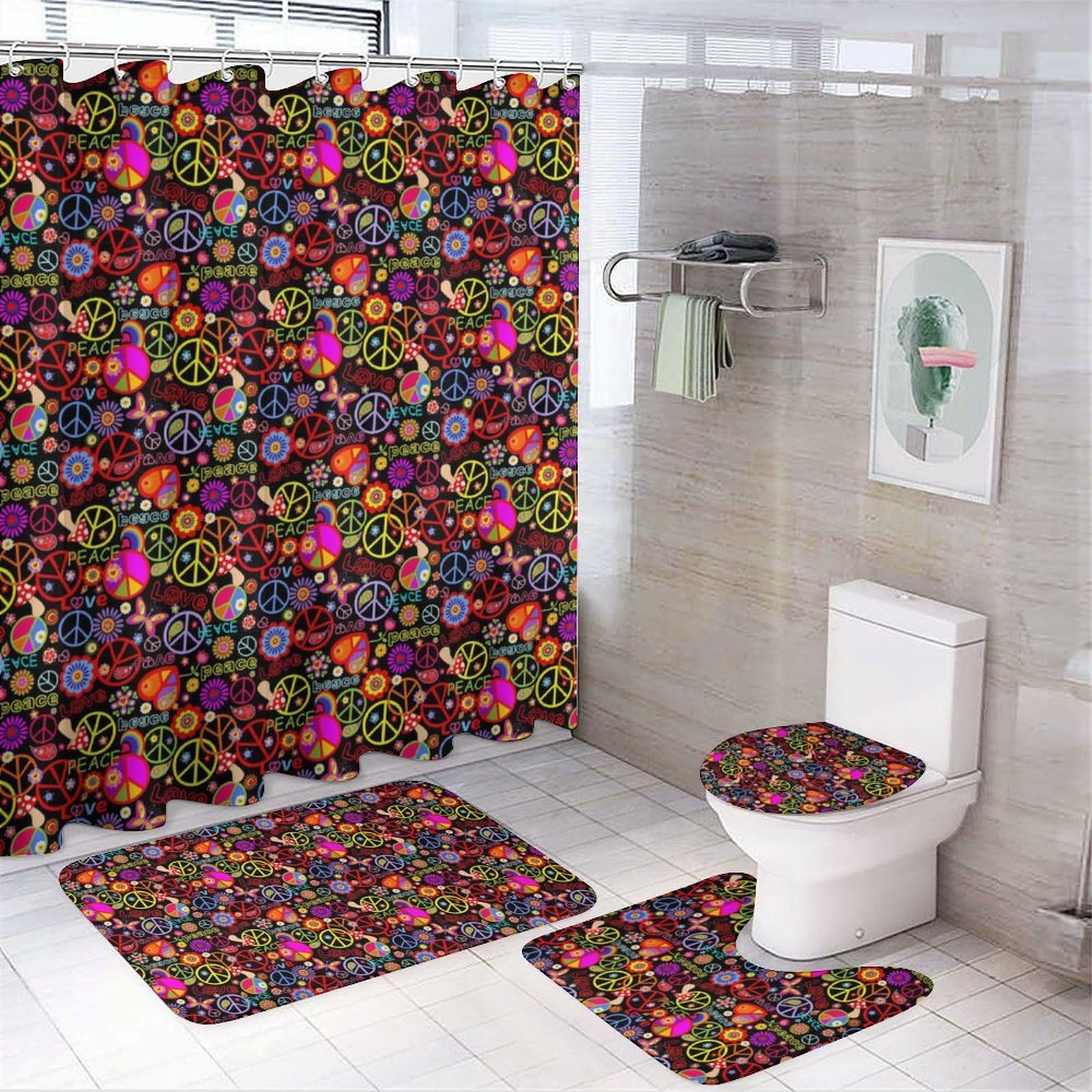JZemdybill Bathroom Mat Set 4 Piece, Peace And Love Shower Curtain with Non-Slip Bath Mats for Bathroom