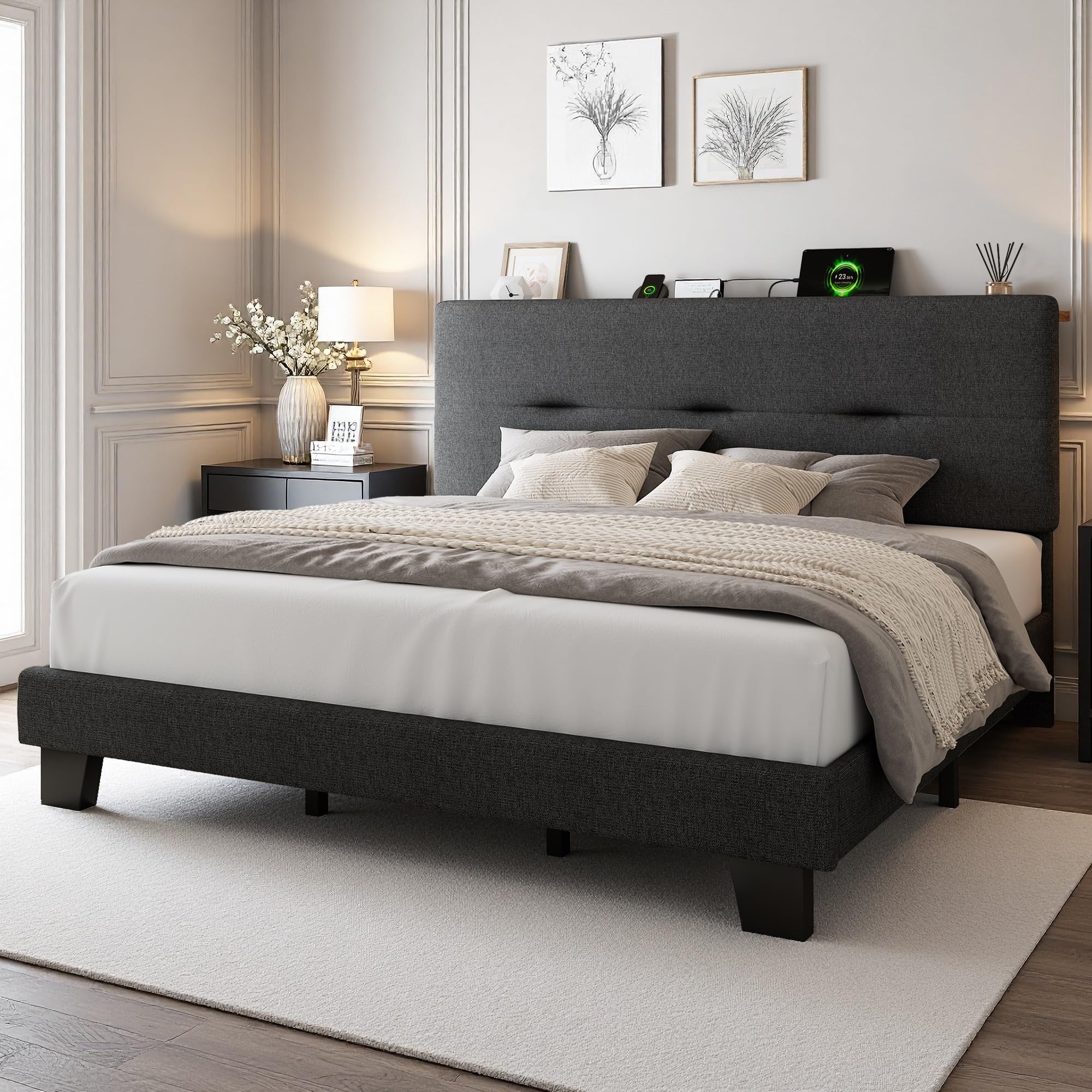 GalnFu Super King Bed Frame with Storage Linen Headboard, Upholstered Platform Superking Bed Frame with Charging Station, Sturdy Wooden Slat Support, No Box Spring Needed, Easy Assembly, Dark gray