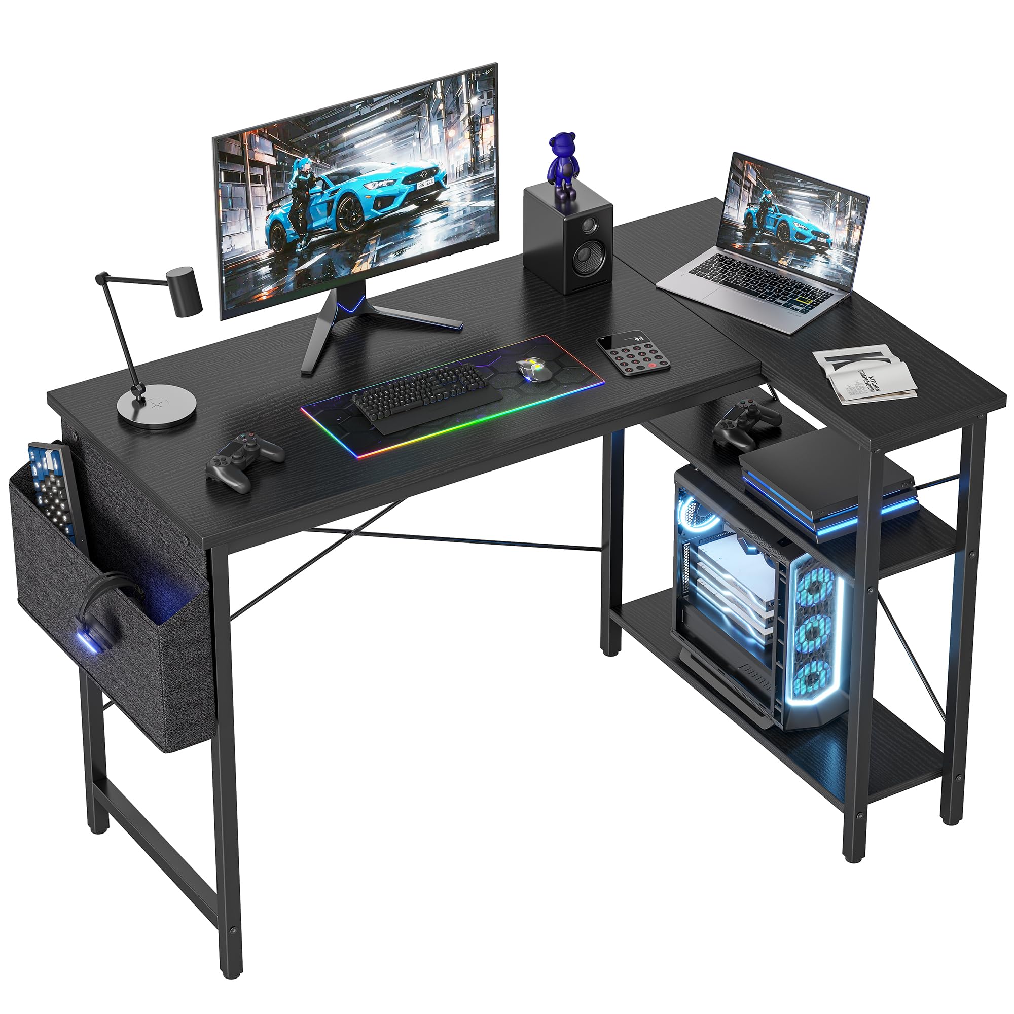BEXEVUE L-förmiger Schreibtisch – 100x70 cm Gaming Tisch mit Ablagefächer, Umkehrbarer PC Ecktisch Computertisch, Corner Gaming Tisch für Studium Arbeit Zuhause Schlafzimmer, Schwarz