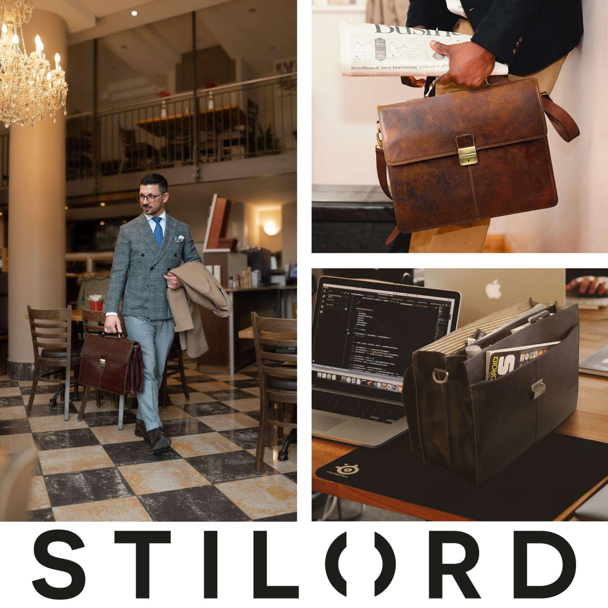 STILORD Vintage Aktentasche Herren Büro Business Schultertasche Laptoptasche mit Schloss groß echtes Rinds-Leder braun