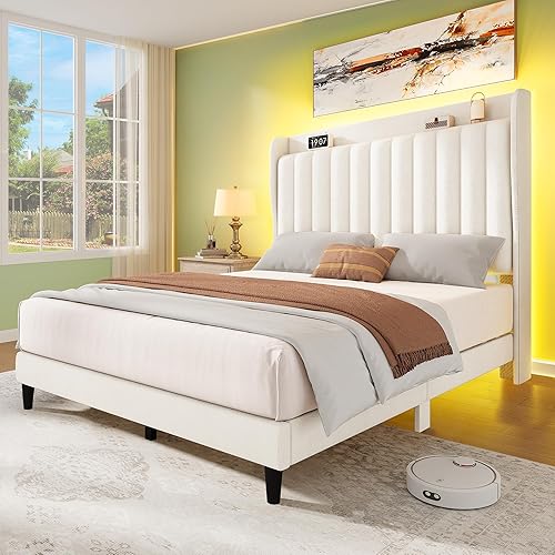 YITAHOME Full Bed Frame with Adjustable Vertical Channel Wingback Headboard, Upholstered Platform Bed with LED Lights, Solid Wood Slat Support, No Box Spring Needed,Beige
