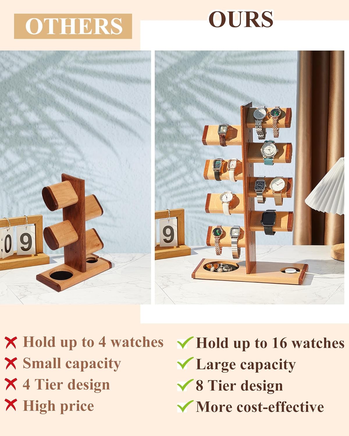 Wooden Watch Stand Watch Display Holder Tower Wood Display Stand with Charging Station Jewelry Organizer for Rings Necklaces Coins Gifts for Men Women (hold 16 Watches) - Image 4