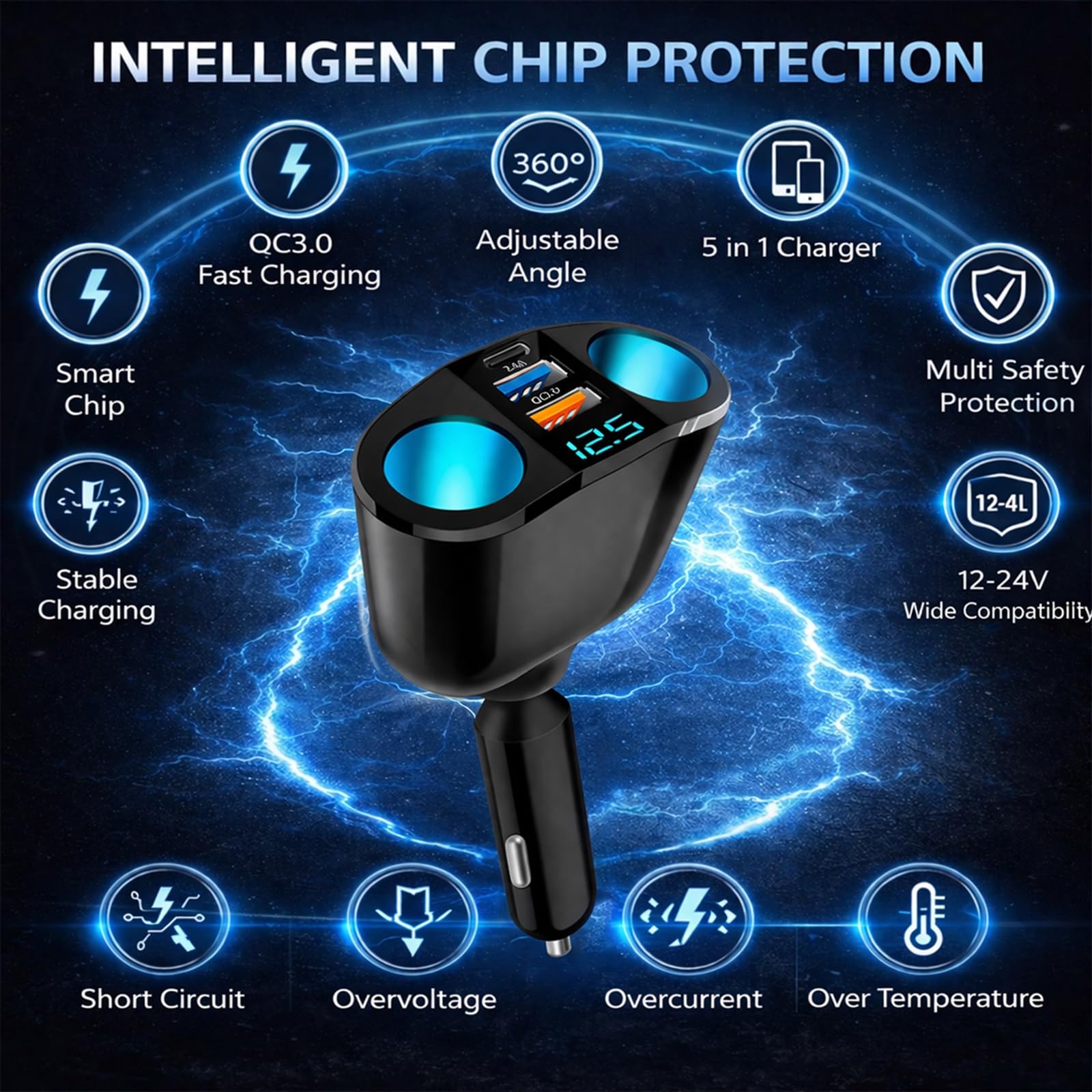 Double Prise Allume Cigare 12V, 120W Multiprise Allume Cigare QC3.0/PD/2.4A,Chargeur Voiture Allume Cigare USB avec Voltmètre LED Charge Rapide pour Téléphone GPS Caméra