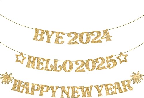 KatchOn, Cartel de feliz año nuevo dorado con purpurina – 10 pies, Bye 2024 Hello 2025 Banner | Decoraciones de feliz año nuevo, letrero de feliz
