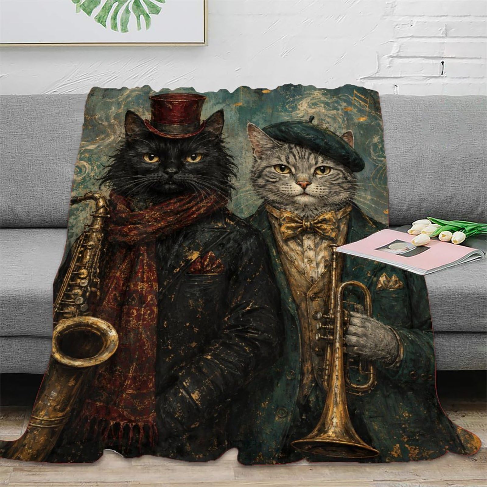 H3B8U2Y5 Vintage Musician Cats Throw Blanket, Flannel, Vintage Animal Art