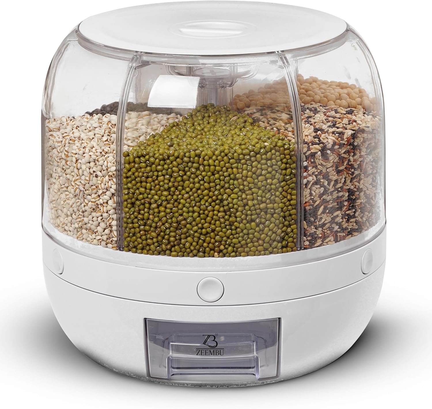 Grain and Rice Dispenser, 8 Quarts Rotating 360° Kitchen Dry Food Storage Container with 6 Compartments, Easy Disassembly for Cleaning, Compact Design