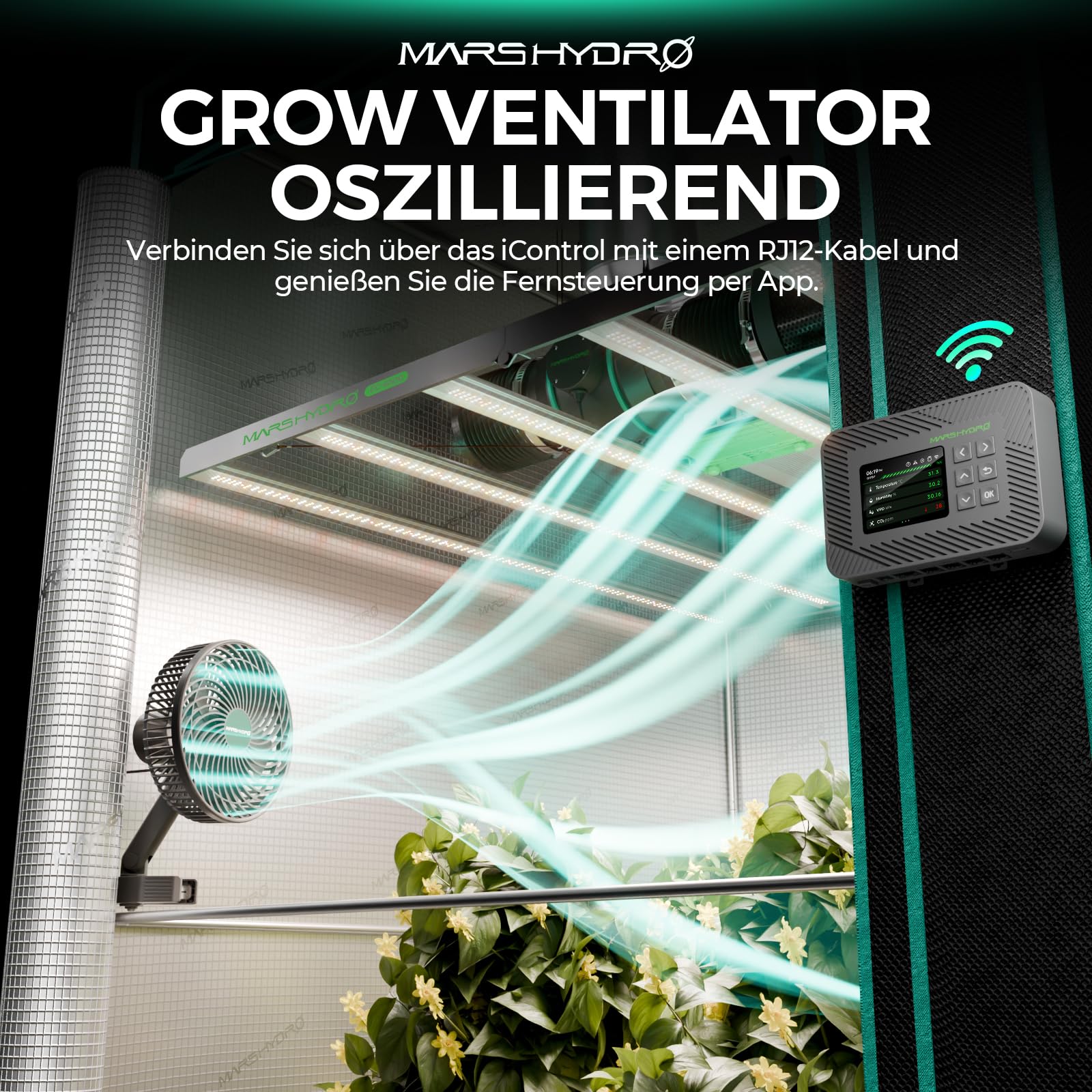 MARS HYDRO Grow Ventilator Oszillierend mit Clip 6-Zoll, 10 Windstufen | EC-Motor, APP/WiFi Steuerung über iHub oder iControl, 32dB Leiser Lüfter für Growboxen, Growzelt, 9W