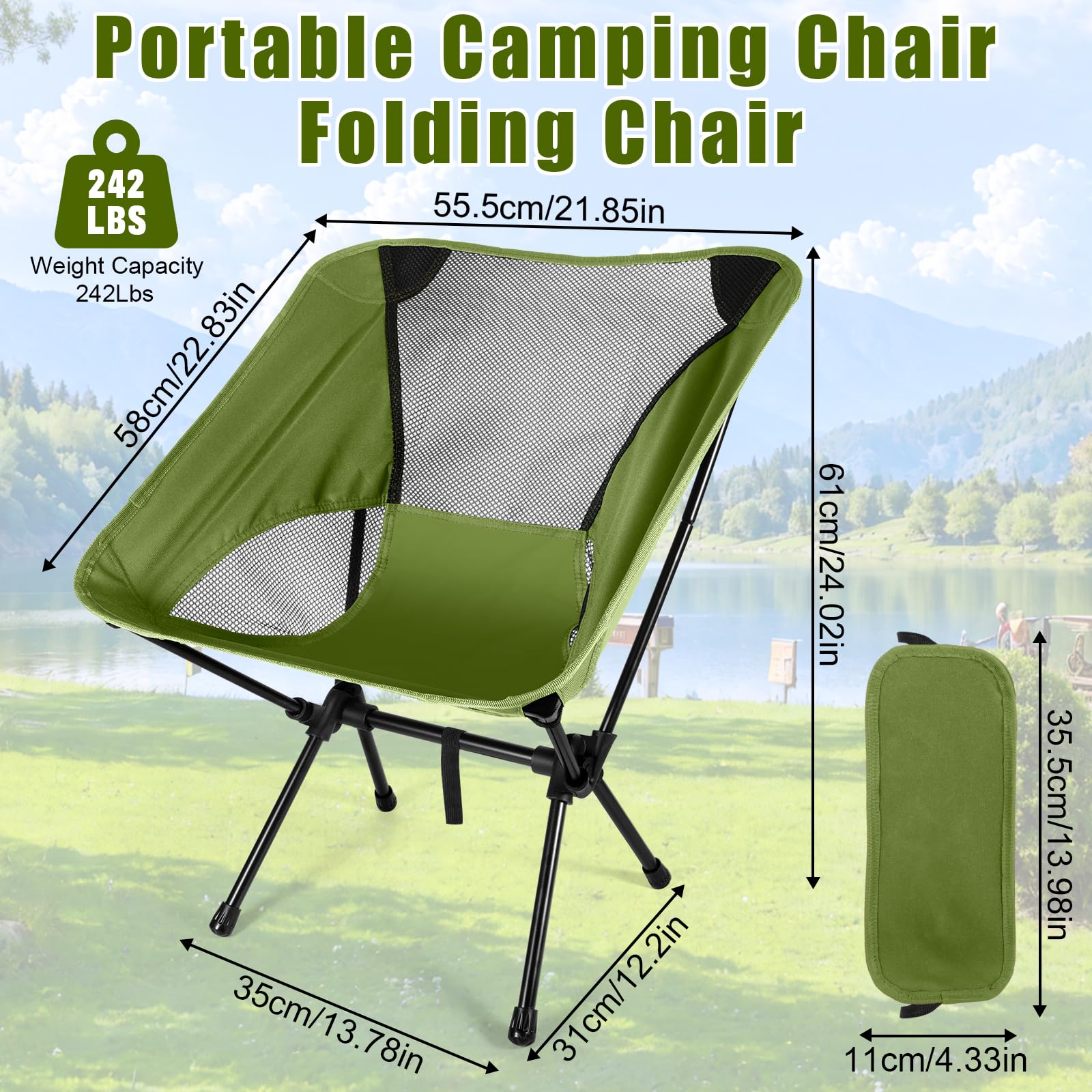 Sedia da Campeggio Pieghevole, Portatile Sedia Pieghevole Ultraleggera con Borsa da Trasporto, Sedie Campeggio per Esterni, Giardino, Spiaggia, Pesca, Picnic, Viaggio, Escursioni (Verde militare)