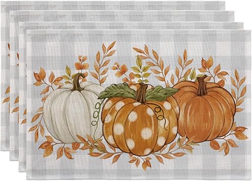 Romanstile Fall Placemats Set of 4-12 X 18 Inch - Thanksgiving Autumn Harvest Pumpkin Buffalo Plaid Place Mats, Stain Resistant Wipeable Table Mats for Party/Dining/Holiday- Grey Blue Checkered