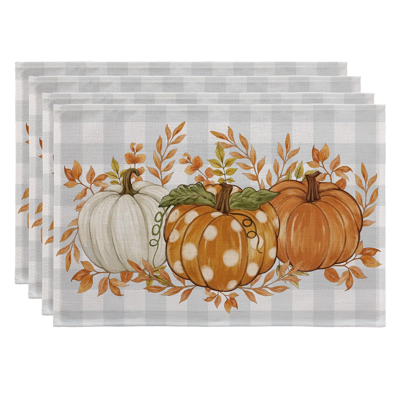 Romanstile Fall Placemats Set of 4-12 X 18 Inch - Thanksgiving Autumn Harvest Pumpkin Buffalo Plaid Place Mats, Stain Resistant Wipeable Table Mats for Party/Dining/Holiday- Grey Blue Checkered