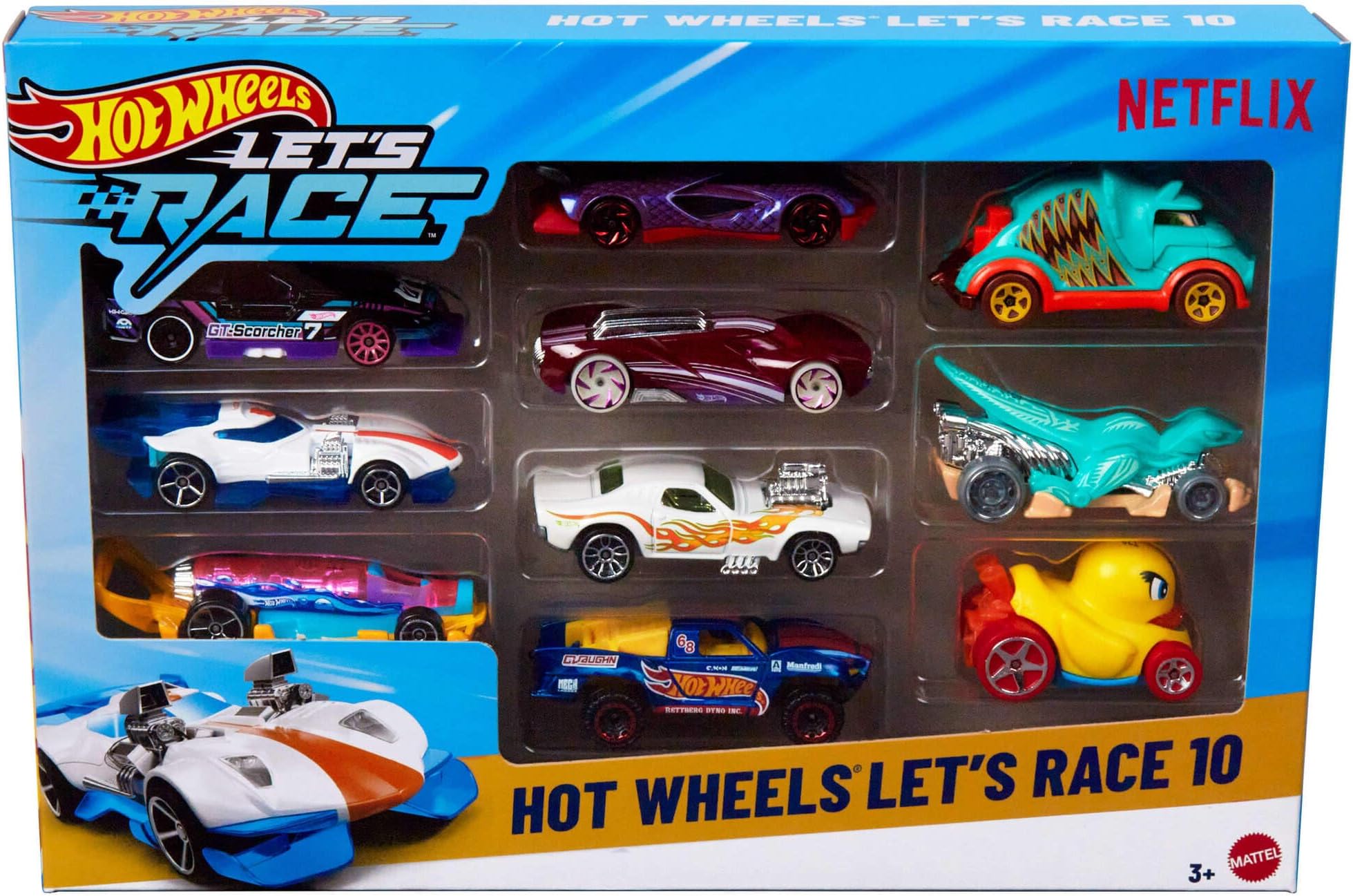 Toy Cars & Trucks, Let’s Race 10-Pack, Set of 10 1:64 Scale Vehicles from the Animated Netflix Show for Play or Display (Styles May Vary), JGN40