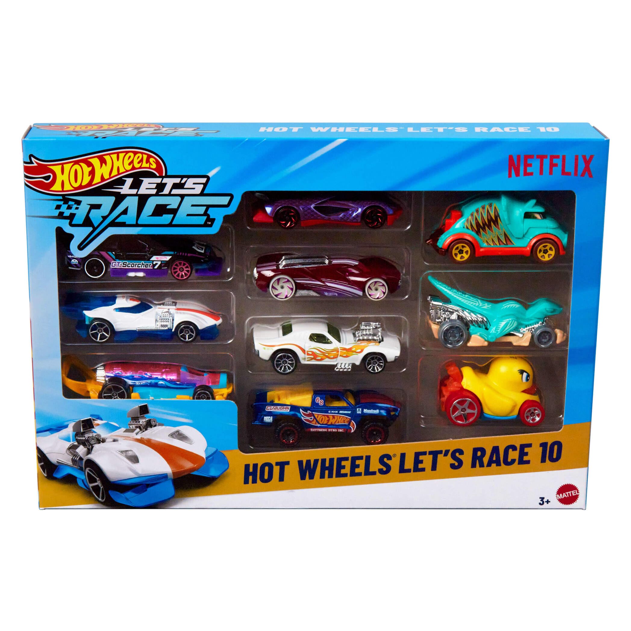 Toy Cars & Trucks, Let’s Race 10-Pack, Set of 10 1:64 Scale Vehicles from the Animated Netflix Show for Play or Display (Styles May Vary), JGN40