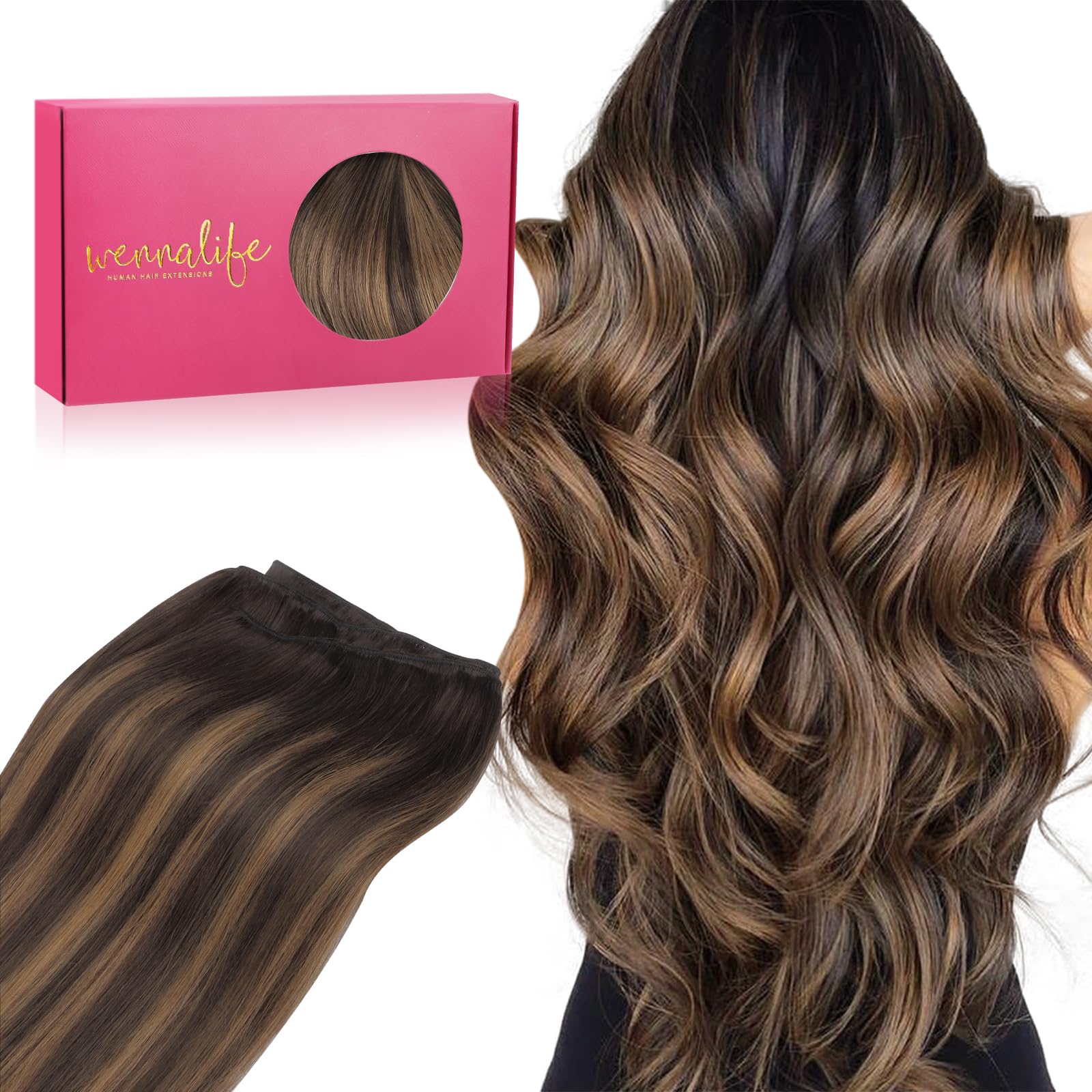 WENNALIFE Tressen Extensions Echthaar, 45cm 90g Dunkel Braun Tressen Echthaar zum Einnähen Echthaar Extensions Tressen Remy Haar Weft Echthaar Tressen Haarverlängerung Echthaar Sew In Hair Extensions | Haarverlängerung, 45,7 cm, 90 g, Balayage, Dunkelbrau