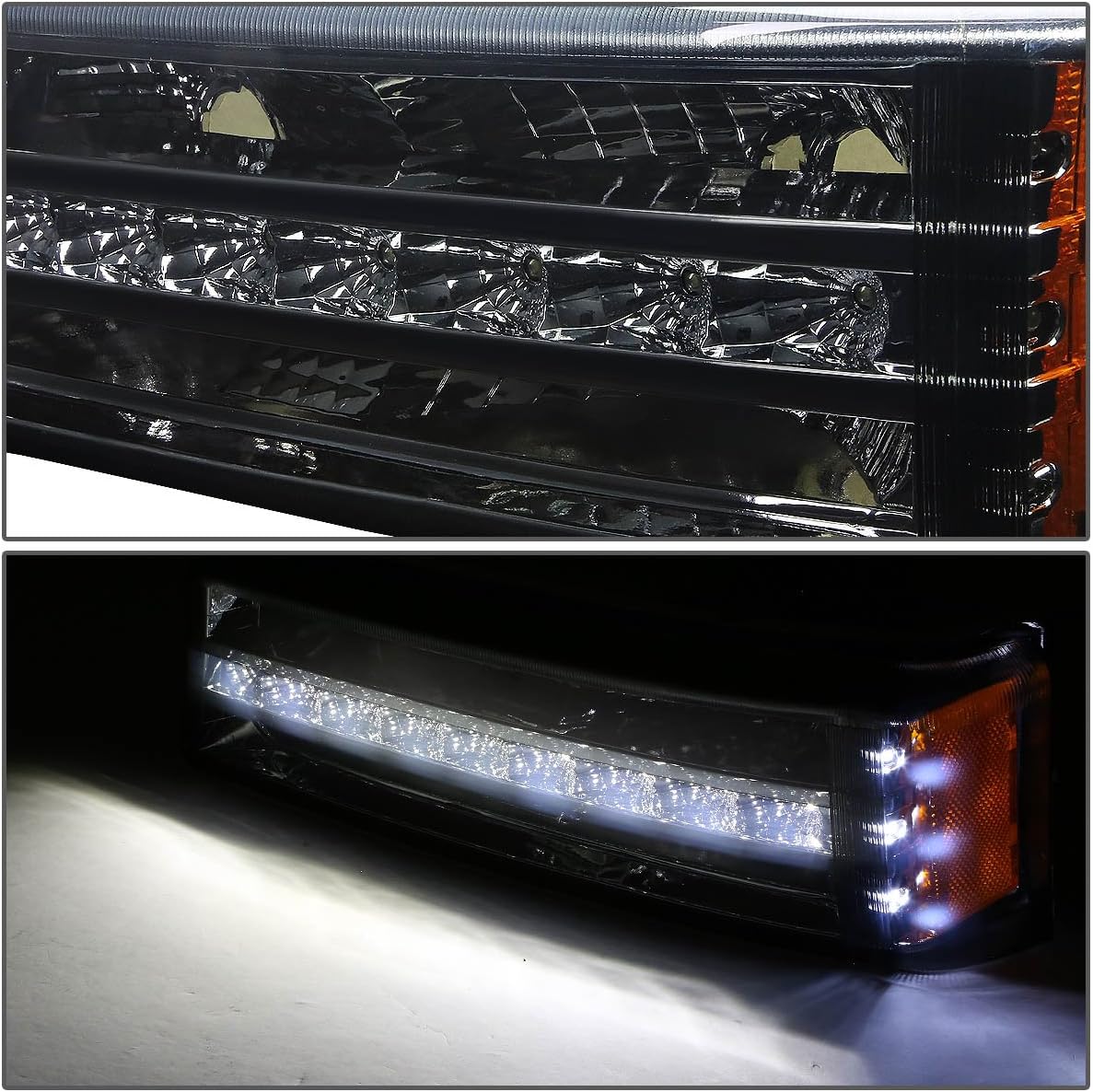 Auto Dynasty Pair LED DRL Stripe Smoked Housing Front Bumper Light Lamp Compatible with Chevy Silverado Avalanche 1500 2500 03-06