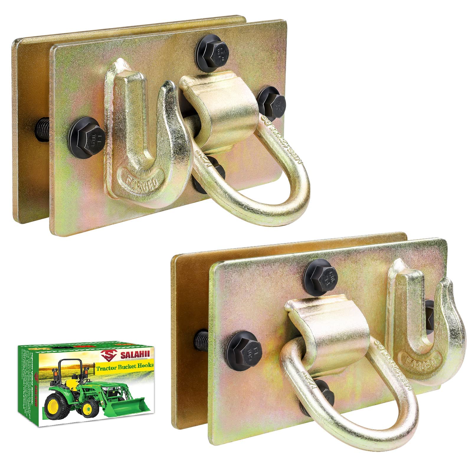 Tractor Bucket Hooks | Grade 70 Forged Steel Bolt On Grab Hook Tow Hook Mount| Heavy Duty Tractor Bucket Accessories | Perfect for Tractor Bucket, RV, UTV, Truck and More, Max 17000 lbs Glod, 2 Pack