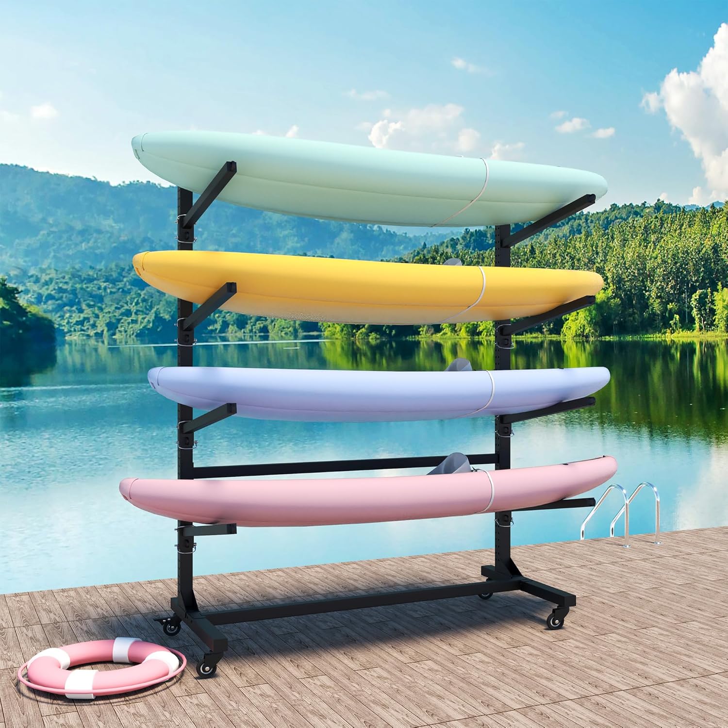 80" Heavy-Duty Adjustable Kayak & SUP Storage Rack with Lockable Wheels, Holds 4 Watercraft, Indoor/Outdoor Rust-Resistant Stand