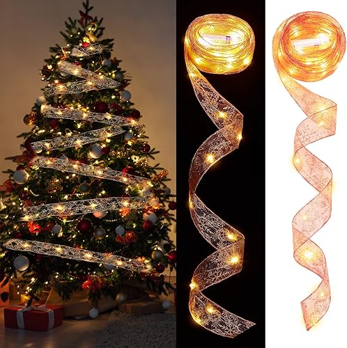 Honoson 2 luces de cinta de Navidad de 32.8 pies, luces LED de oro rosa, luces de hadas, copo de nieve, bola de Navidad, decoración de Navidad al