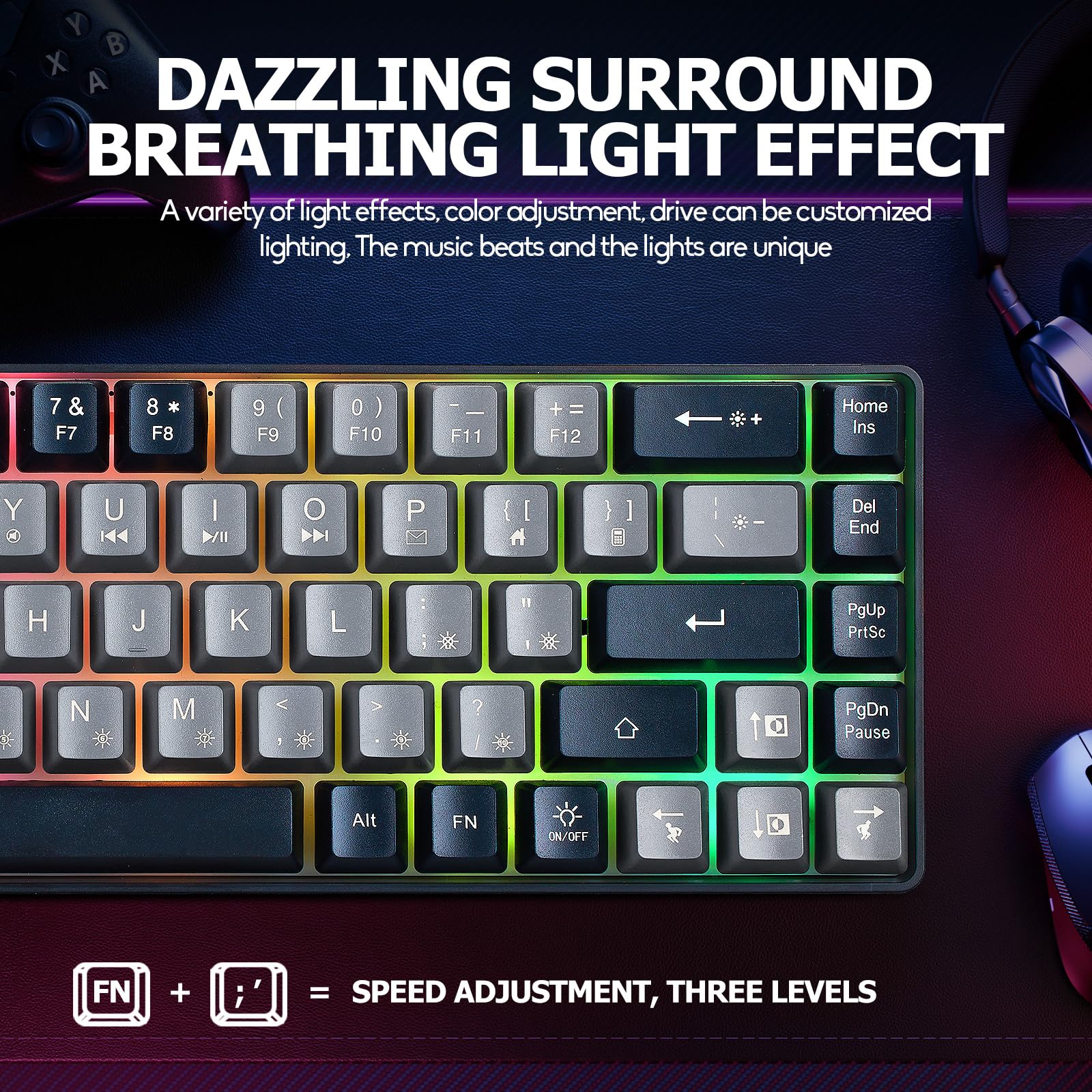 Tastiera da gioco portatile con cavo, 60% meccanica, retroilluminata a LED RGB, compatta, 68 tasti, mini tastiera da ufficio con cavo, per Windows, laptop, PC, Mac, gamer, dattilografi, viaggi di