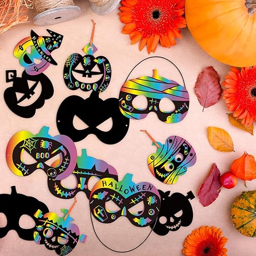 Miniatura 4 de BeYumi Juego de 72 piezas de papel de rascar de calabaza de Halloween para niños, papel mágico para rascar, tarjetas de máscara de manualidades,
