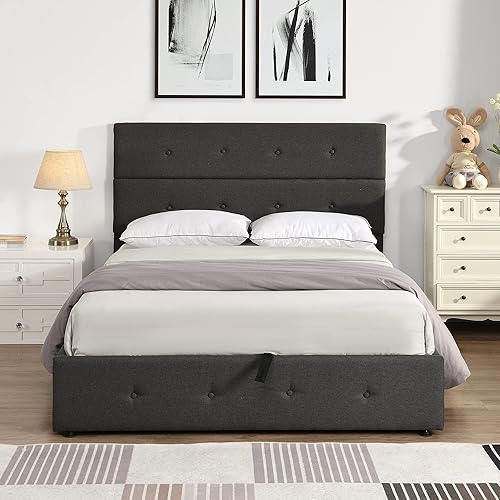 LIADTOP Cama de plataforma tapizada con almacenamiento debajo, marco de cama de madera con cabecera copetuda, cama de plataforma de madera con