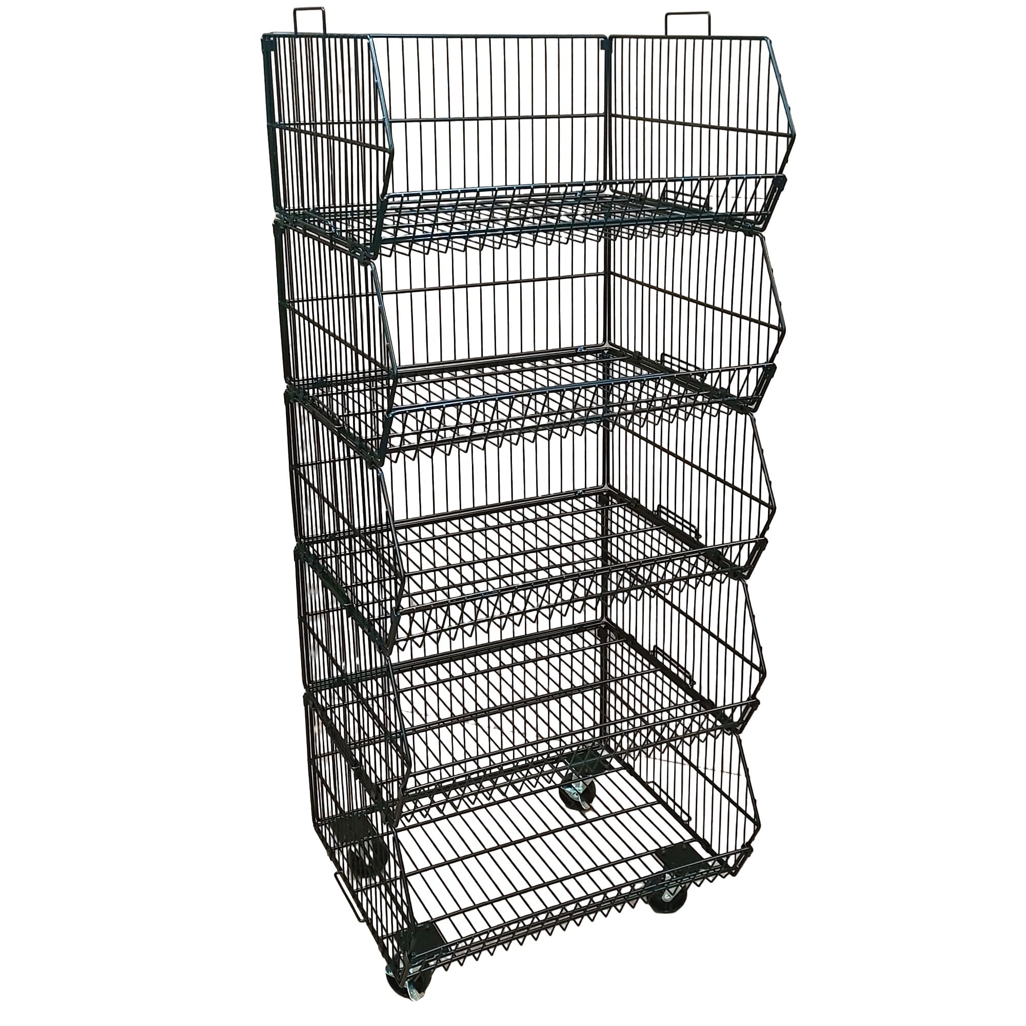 CompleteShopfittings 5 Tier Stacking Storage Baskets – Small Black Metal Wire Display Rack for Retail Shops & Supermarkets – Free Standing Organiser Shelving Unit