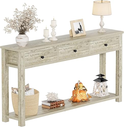 Homieasy Mesa consola de granja con 3 cajones, mesa de sofá de madera de 47 pulgadas con estante de almacenamiento para sala de estar, detrás del