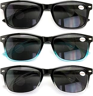 V.W.E. 3 Pairs Men Women Bifocal Rectangular Lightweight Reading Sunglasses - Outdoor Reader - Spring Hinge Bi-Focal (3 Black (Black/Clear/Blue), 2.00)