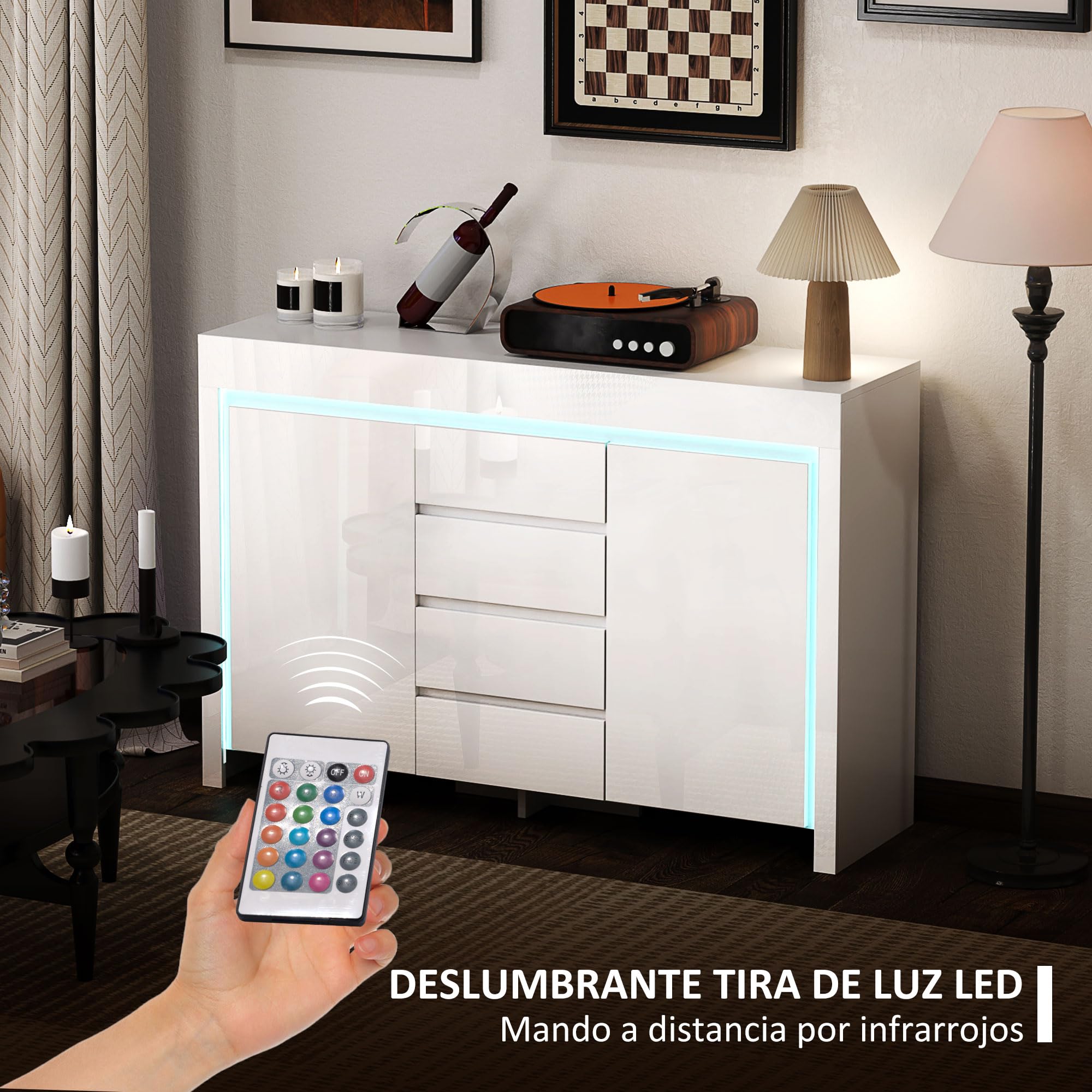 HOMCOM Aparador con Luces LED con 4 Cajones 120x34x80 cm Blanco Brillo
