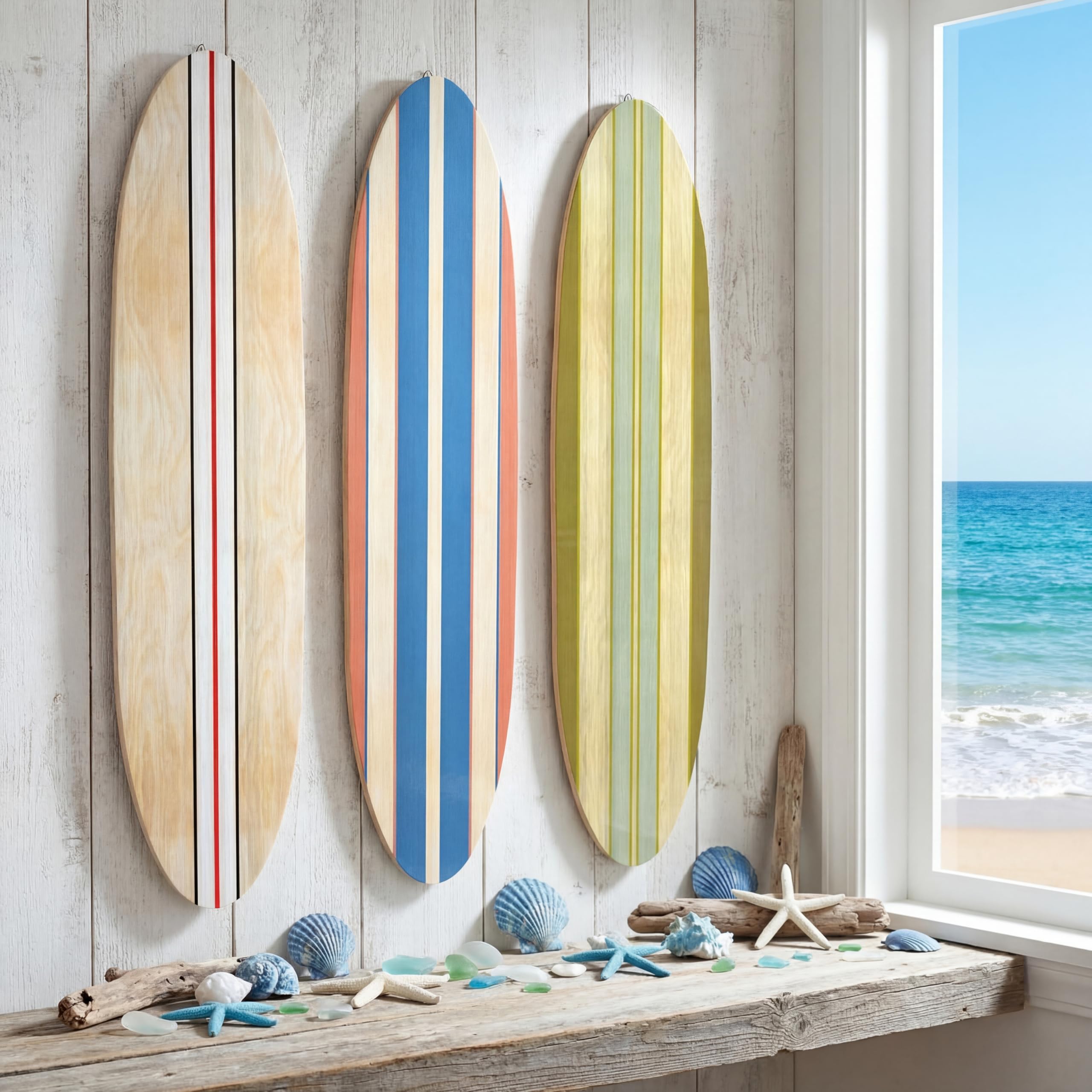 Gerrii 3 Pcs Surfboard Wall Decor 23.6" x 5.4" Beach Room Decor Large Wooden Summer Surfboard Wall Hanging Sign Hawaiian Tropical Art for Surfer