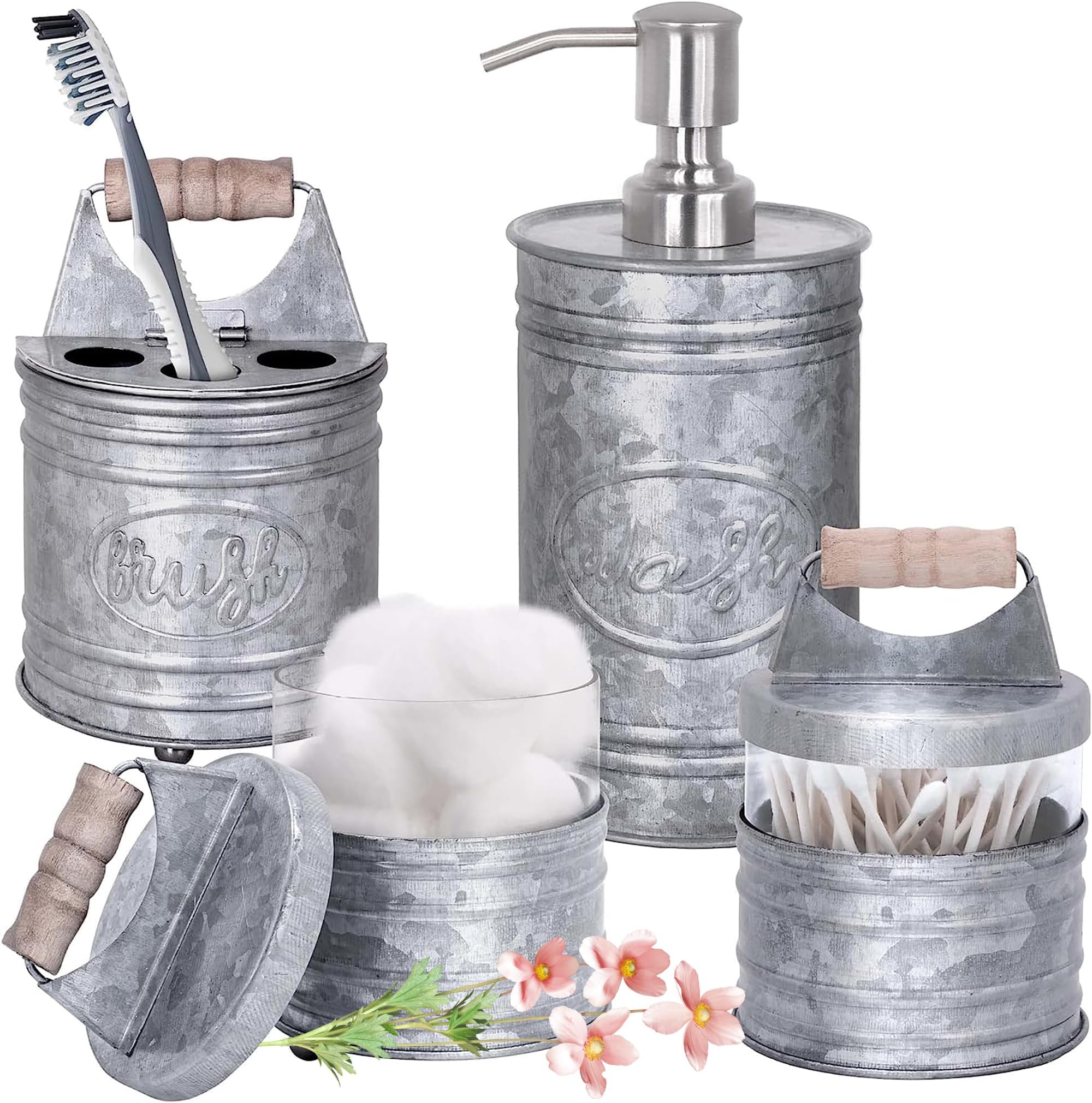 Autumn Alley Rustic Bathroom Accessories Set 4 - Galvanized Soap Dispenser, Rustic Toothbrush ...