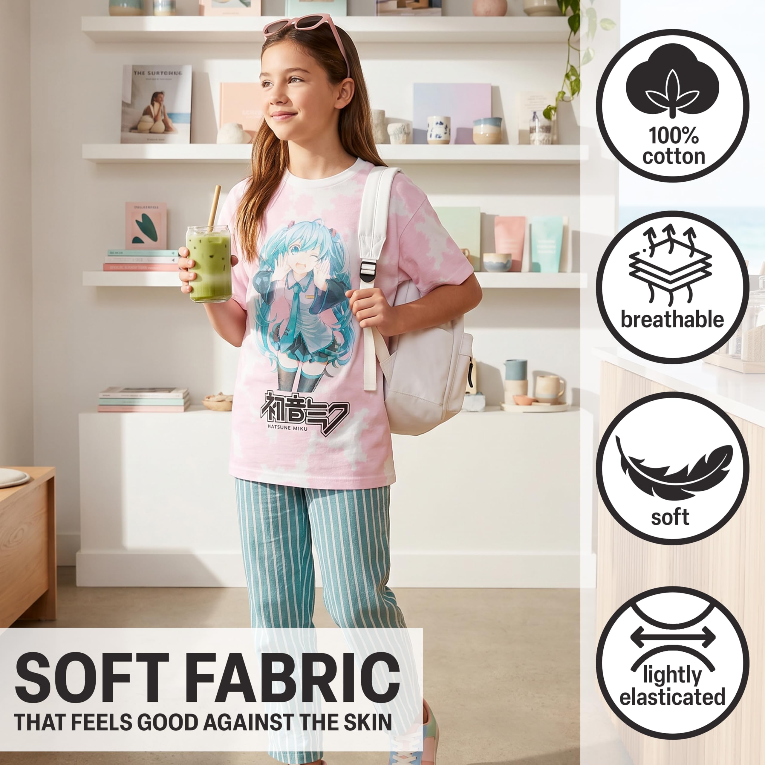 Hatsune Miku Camiseta Niña Manga Corta 7-16 Años, Pack 2 Camisetas 100% Algodón, Ropa de Verano Cómoda para Uso Diario, Regalo Niñas (11-12 Años, Rosa/Negro)