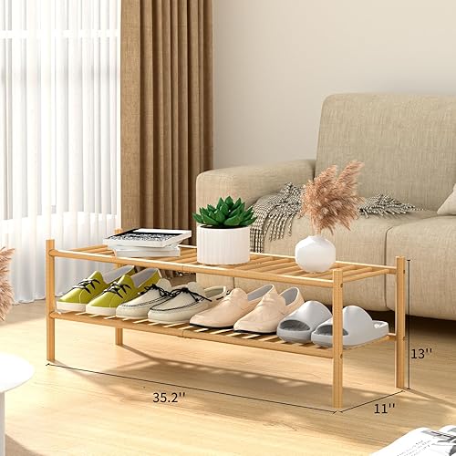 Miniatura 3 de Zapatera larga de bambú de 2 niveles, estante de madera para zapatos, organizador de almacenamiento para armario, entrada, apilable, 35 x 11 x 13