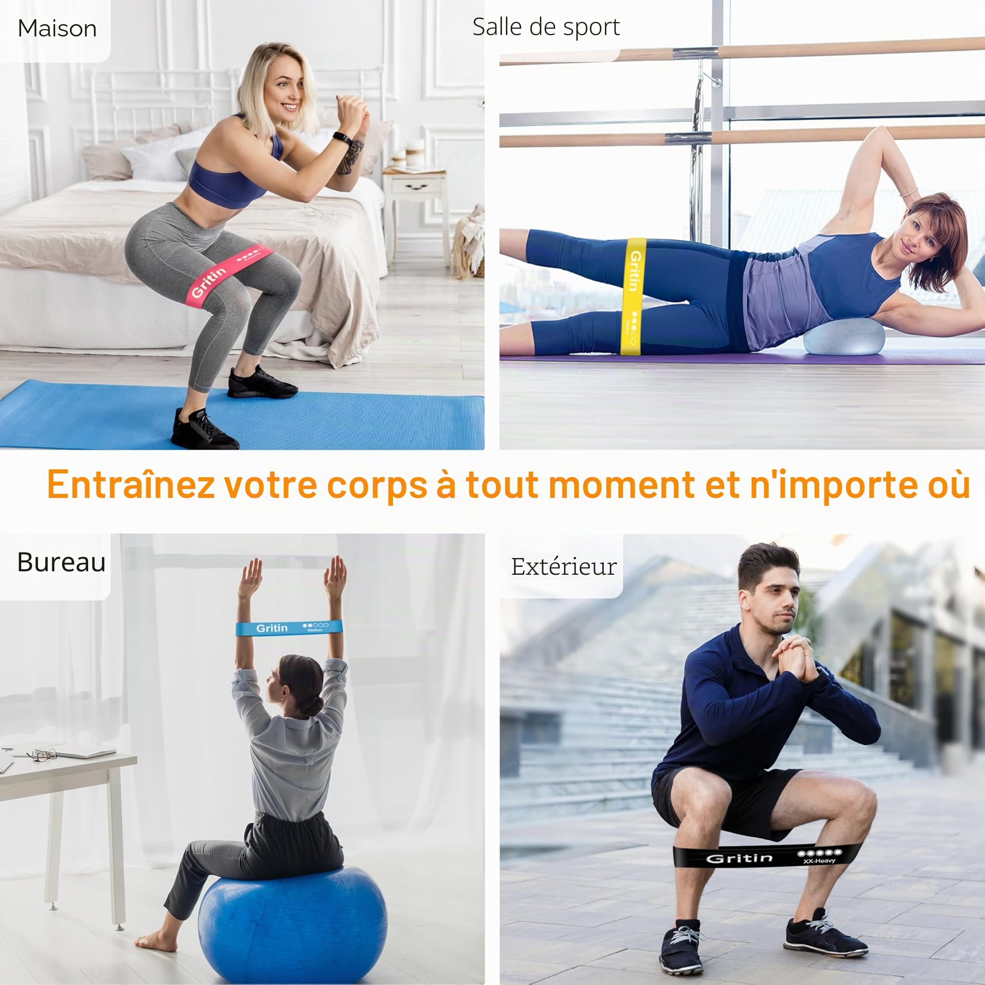 Gritin Lot de 5 Bandes Élastiques Fitness Résistance Latex Musculation Pilates Yoga 5 Niveaux Force avec Sac de Rangement