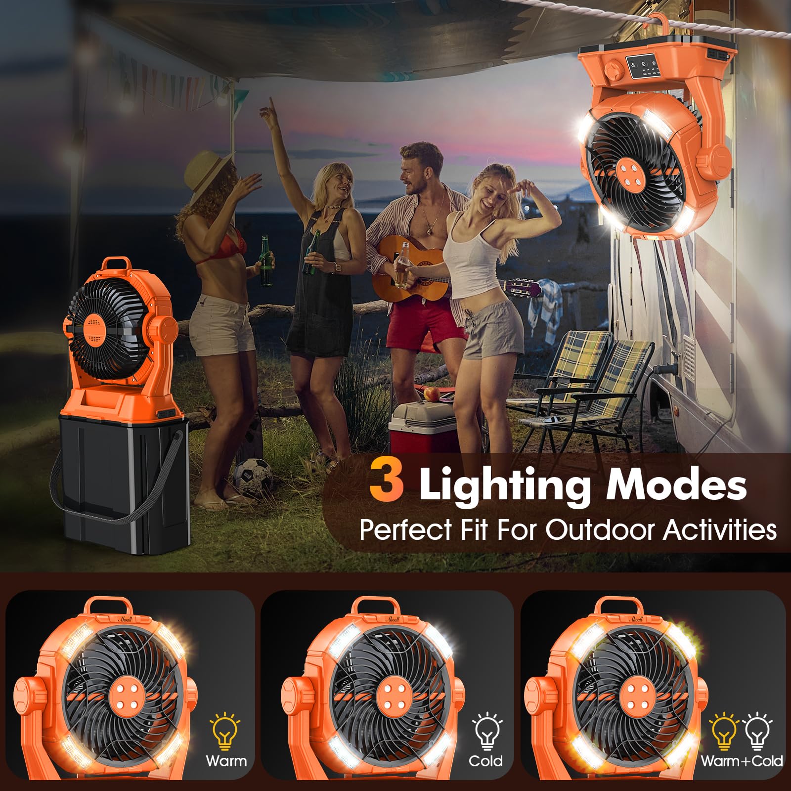 Nebelventilator mit tragbarem 6L Eimer für Außenterrassen, 20000mAh Wiederaufladbarer Nebelventilator für Camping mit LED-Licht, 4 Sprühnebel, Fernbedienung Cotroller