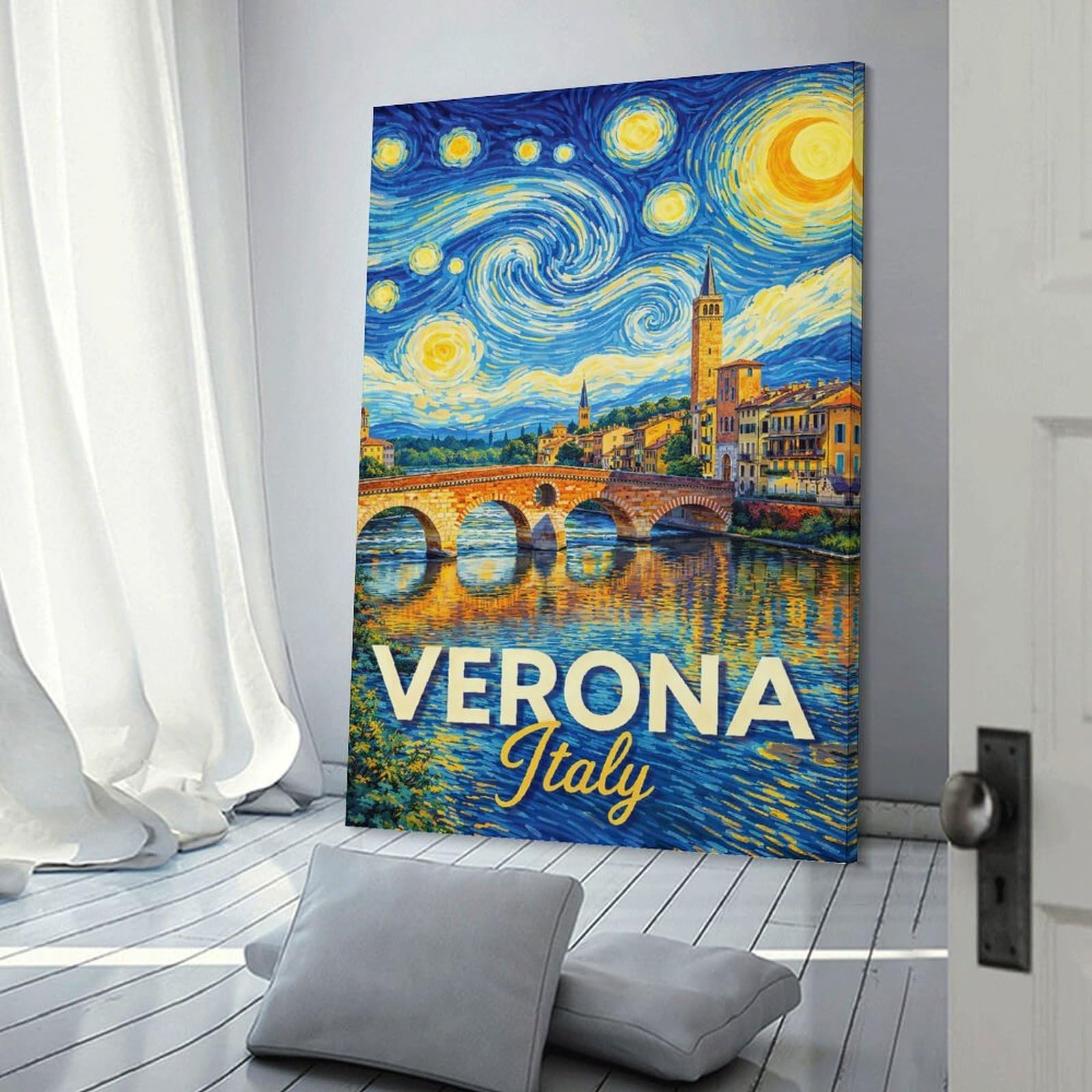 Junmoney Verona Italy Starry Night Painting Room Decor Wall Art, 24x36inch(60x90cm), for Living Room, Lounge Or Sitting Room, A Home Accent with Warm Character