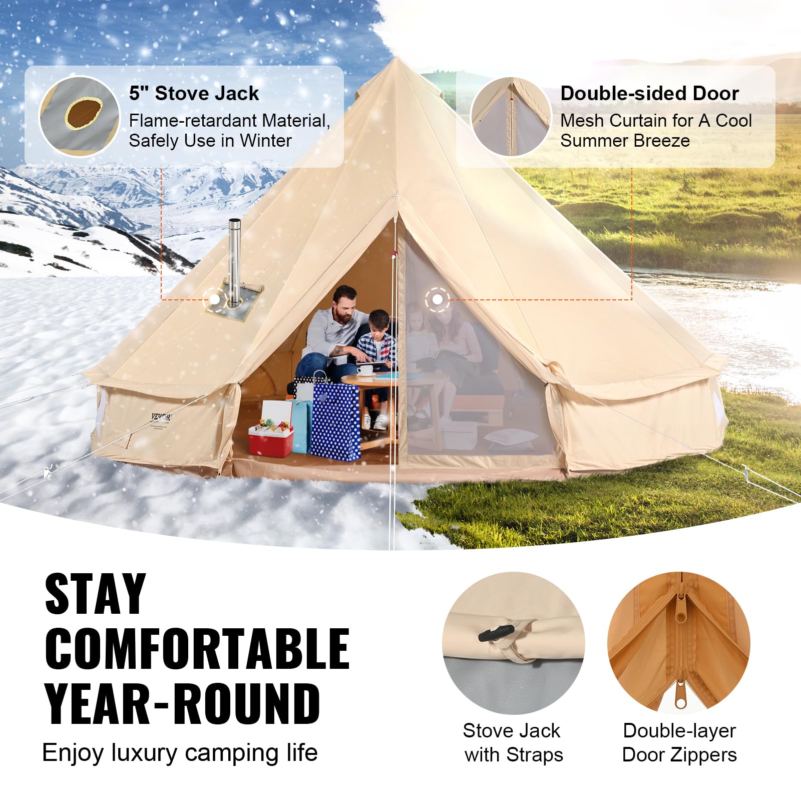 VEVOR Tenda Campana in Tela 6m Tenda Campeggio per Famiglie Feste Attività all'Aperto con Foro per Stufa a Legna e Borse di Stoccaggio Capienza ca. 10 Persone, BBQ Esterno, Gruppi all'Aperto, Caccia