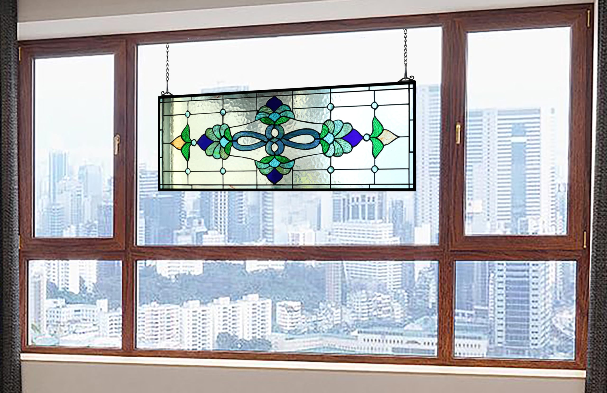 Yogoart Extra Large Horizontal Blue Victorian Stained Glass Window Panels Hanging Transom Window Panels (35" X 12")