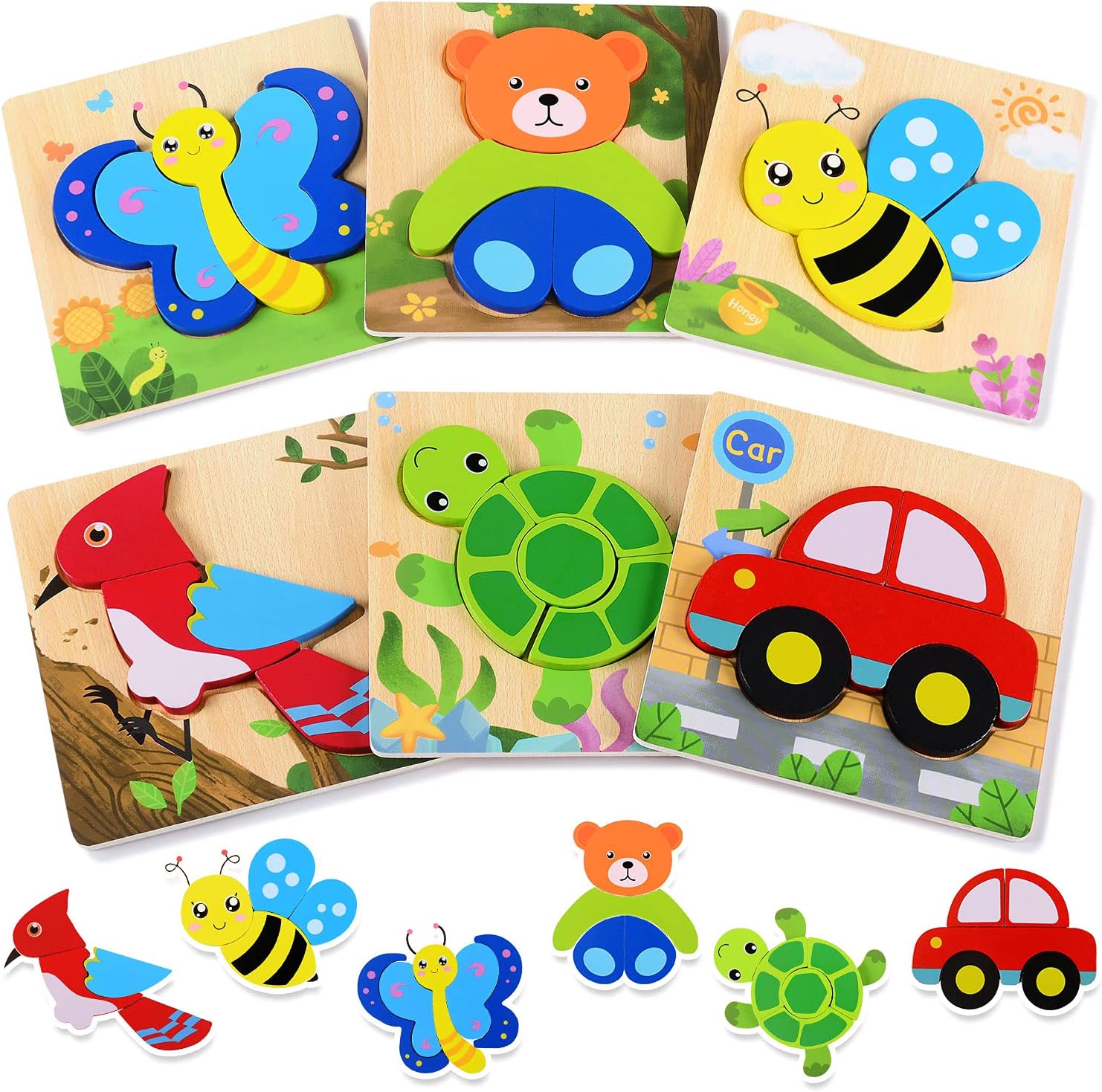 Magifire Wooden Puzzles, Set of 6 Puzzle Toys for Kids Toddlers 1โ3, Baby Educational Animal Toys with Chunky Pieces & Bag - Butterfly, Bee, Woodpecker, Bear, Car, Turtle