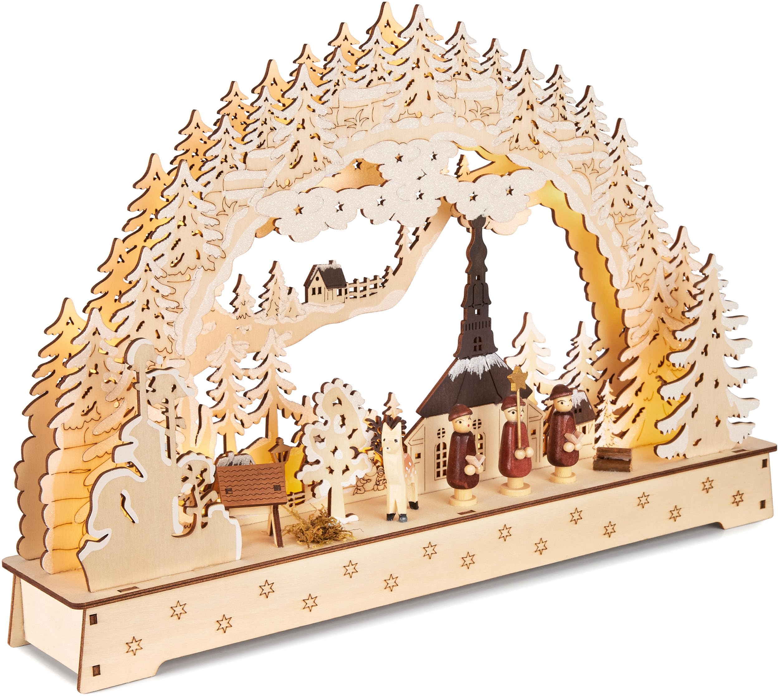 BRUBAKER 3D Lichterbogen - LED Schwibbogen - Sternsinger - LED-Beleuchtung mit Batterie und Kabel - Holz Natur - 27 x 40 x 7,5 cm - Handbemalte Figuren - Weihnachtsdeko für Tisch und Fenster