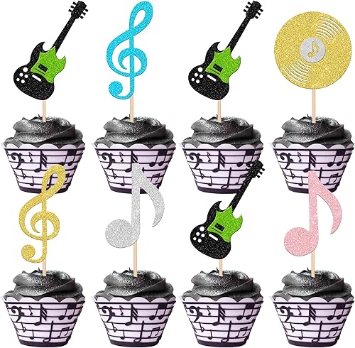 Miniatura 10 de 36 piezas de notas musicales para cupcakes, purpurina negra, símbolo musical retro rock, selecciones de cupcakes, música rock, concierto, tema de