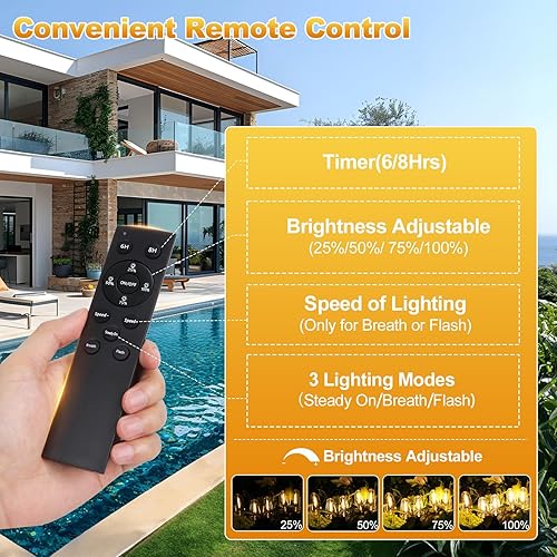 Miniatura 5 de Guirnalda de luces solares para exteriores, impermeables, de 100 pies con control remoto y 52 bombillas LED ST38 inastillables Edison, temporizador,