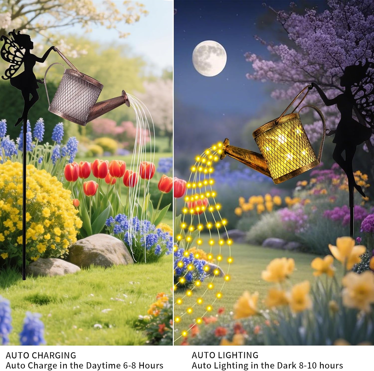 Solar Light Watering Can with Fairy Garden Decor, Solar Powered Metal Statues with Cascading Lights for Lawn, Pathway, Garden Decoration, Waterproof, Ideal Gift for Outdoor Decor（Warm White）