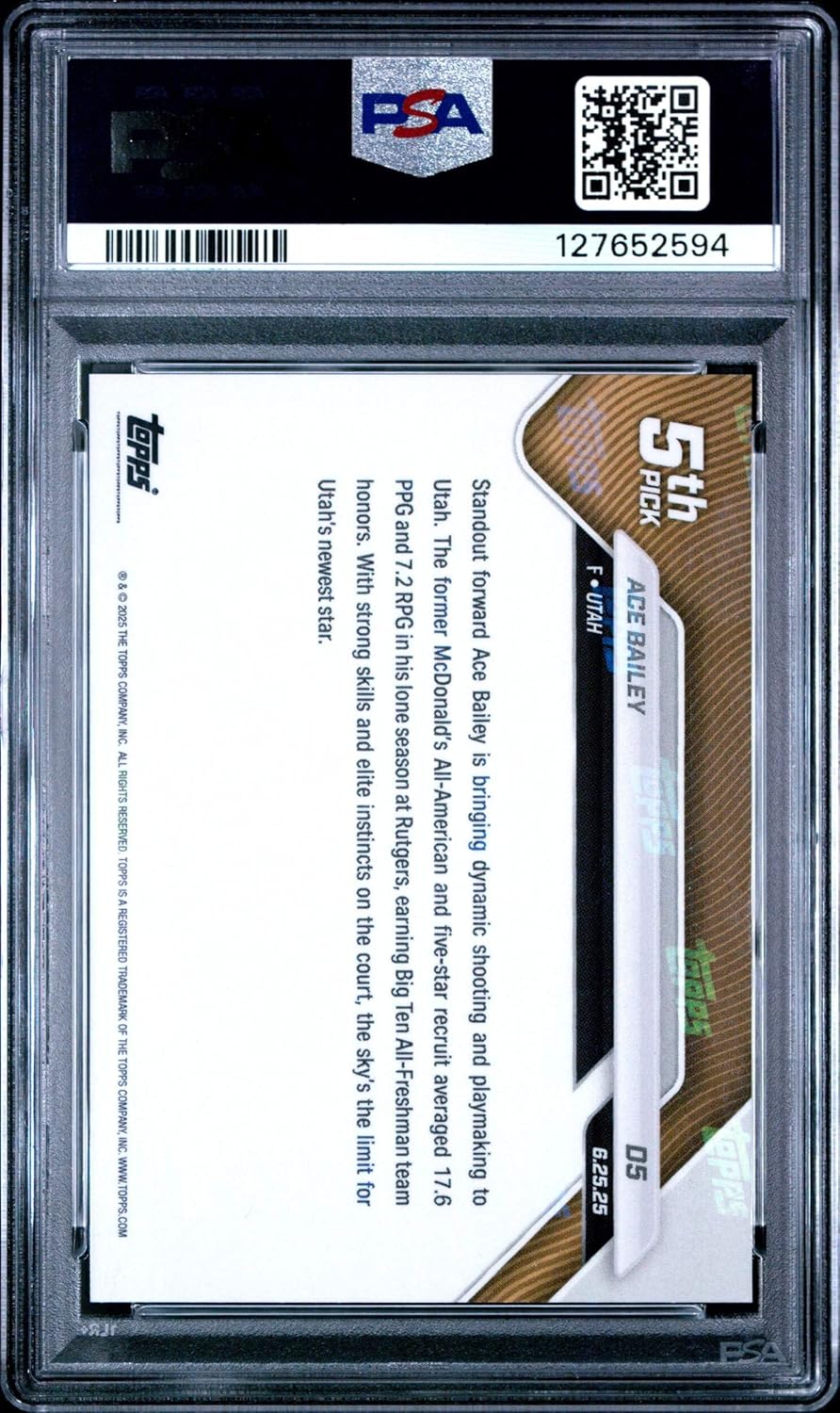Graded 2025 Topps Now Ace Bailey #D5 Draft Rookie RC Basketball Card PSA 10 Gem Mint