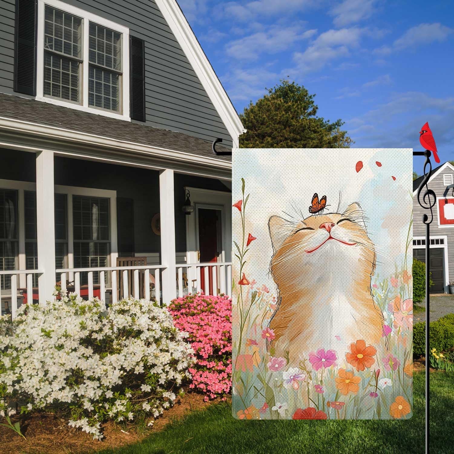 Spring Cute Cat with Butterfly Garden Flag Spring Summer Floral Flower Small Flag for Outside Burlap Double Sided Farmland Welcome Yard Lawn Winter Decor 12.5x18" - Image 3