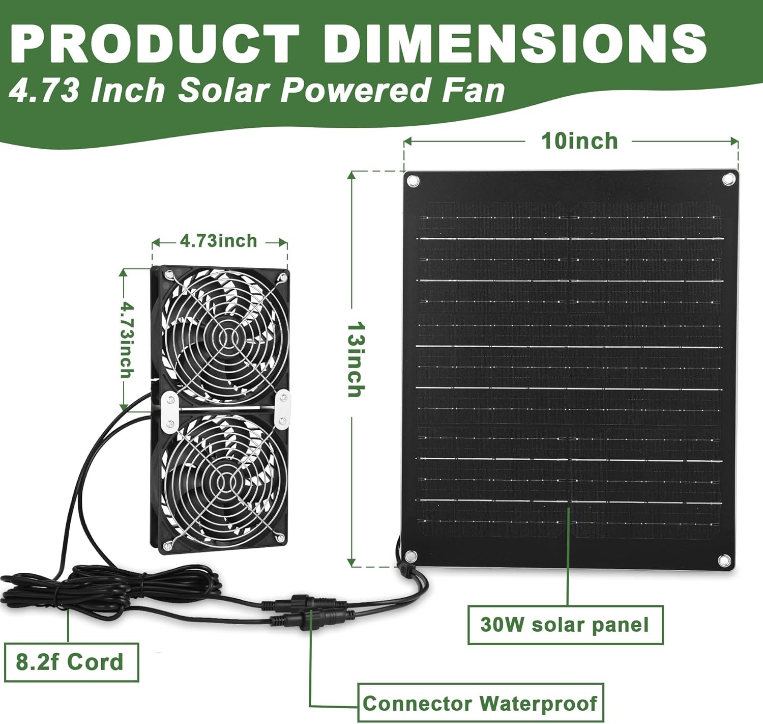 Solar Fan, 30W Solar Powered Fan with Two IPX7 Waterproof Fans for Outside Greenhouse Shed Chicken Coop, Exhaust Intake Mounting Way and Solar Exhaust Fan