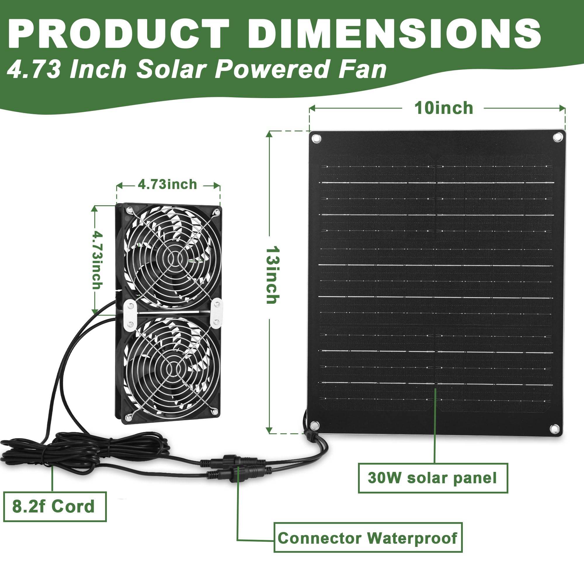 Ventilateur solaire 30 W - Panneau solaire - Étanchéité IPX7 - Montage sur prise d'échappement - Pour extérieur - Pour serre et poulailler